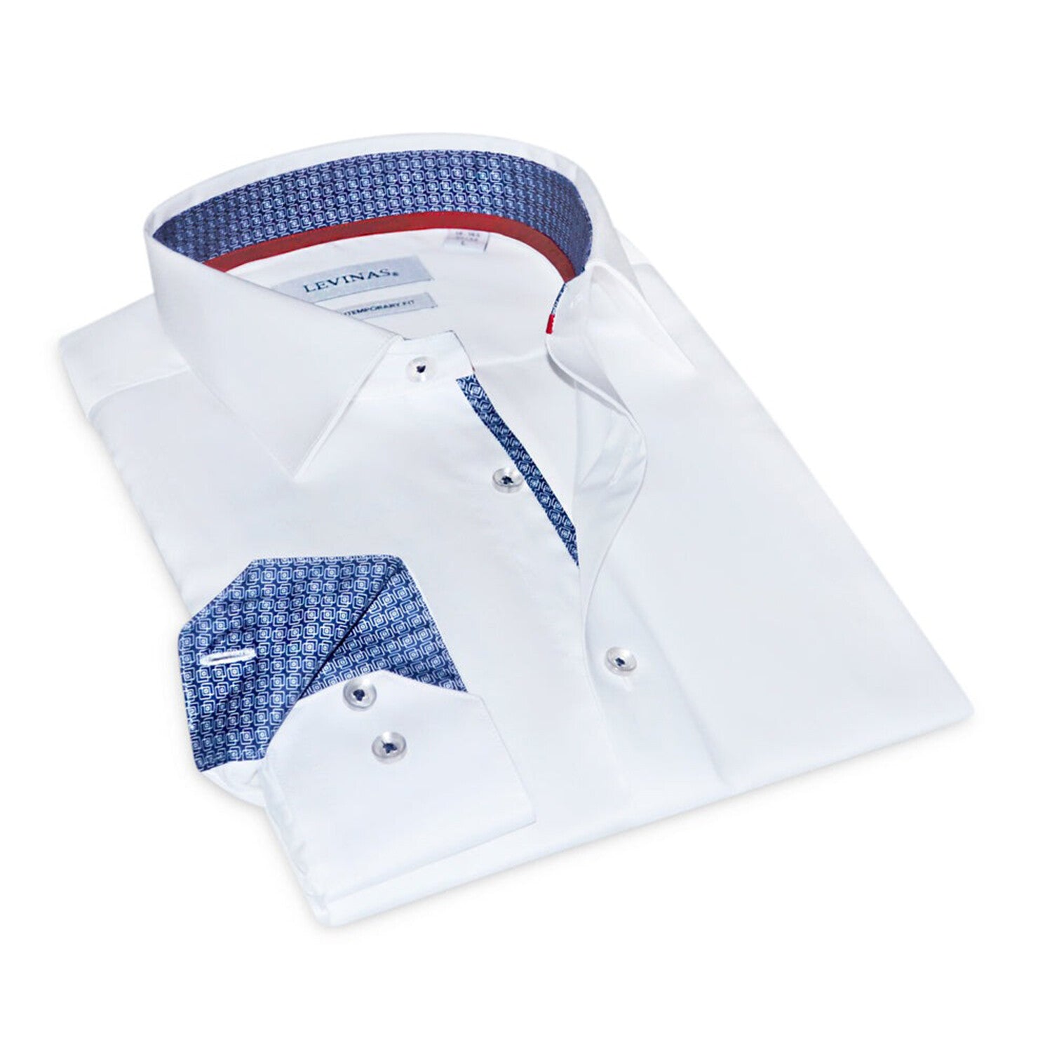 Contrast Collar & Cuff Button Up // White + Geometric Navy Trim