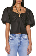 FRAME Strappy Puff Sleeve Stretch Organic Cotton Top in Noir  Size Large