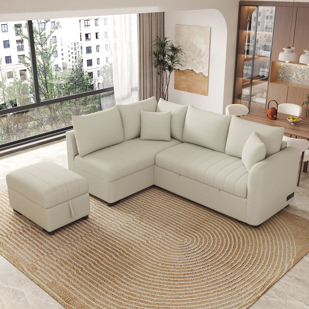 L-Shaped Sectional Pull Out Sofa Bed Sleeper Sofa With Two USB Ports