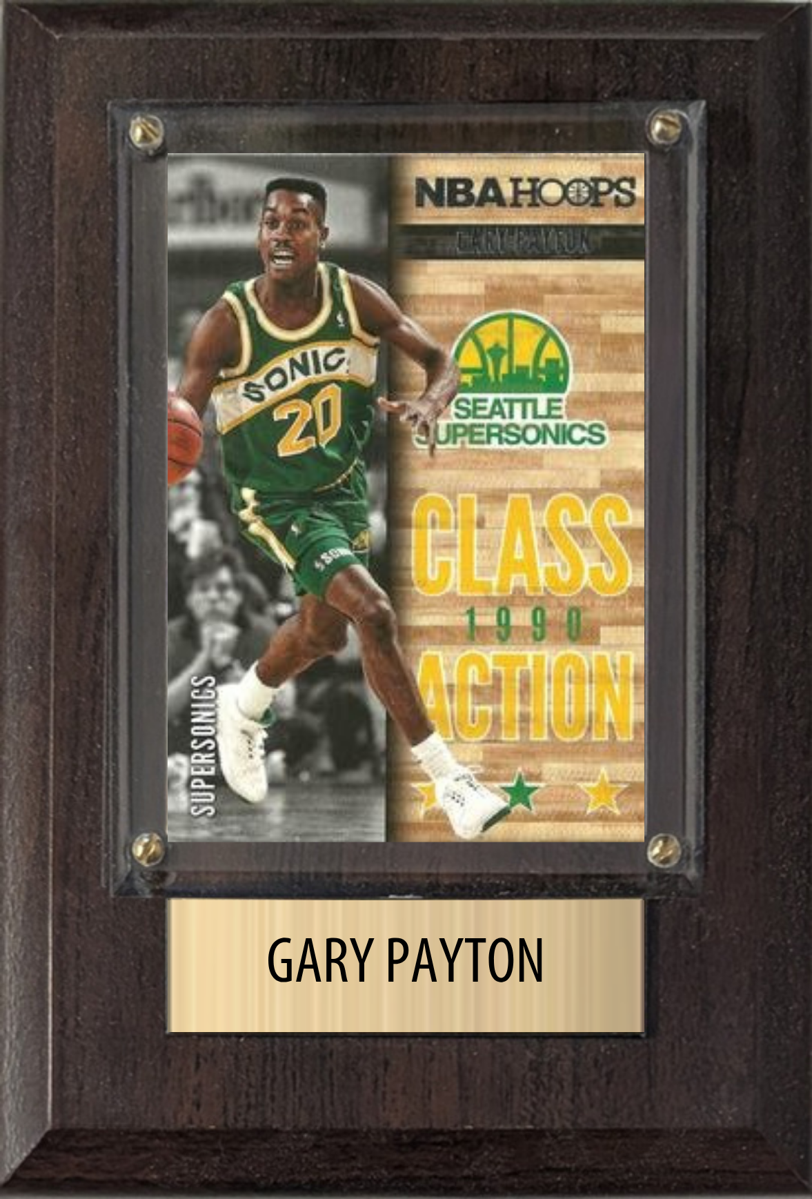 Gary Payton Seattle SuperSonics Hall of Fame Fan Gift Plaque 4x6 1 Card Hoops, Prizm, Donruss 2024 2025 2026