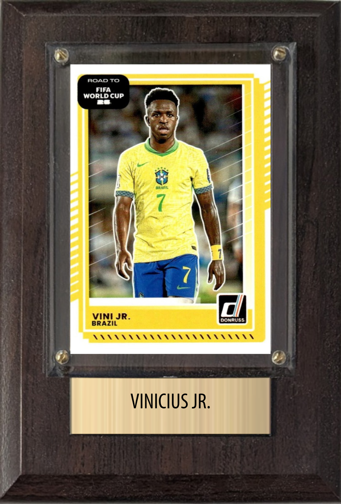 Vinicius Jr. Brazil World Cup Soccer 2026 Fan Gift Plaque 4x6 1 Card Panini, Topps, Donruss 2024 2025 2026