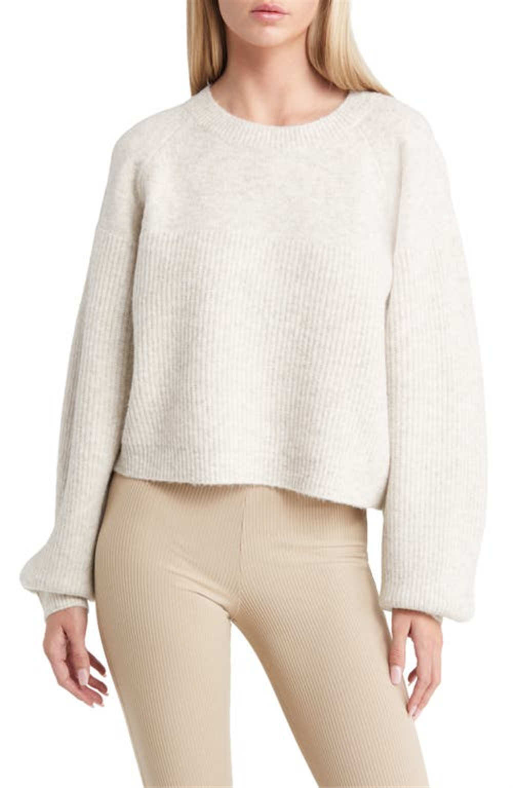Topshop Mixed Stitch Balloon Sleeve Crop Sweater In Grey