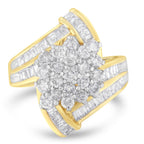10K Yellow Gold Round and Baguette Diamond Crossover Cluster Ring (3 Cttw, I-J Color, I1-I2 Clarity) - Size 7-1/2