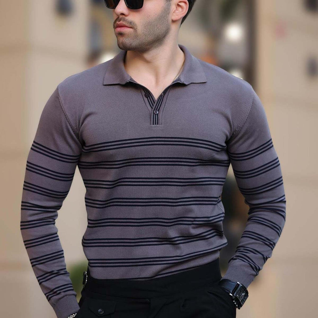 Striped Polo Sweater // Gray