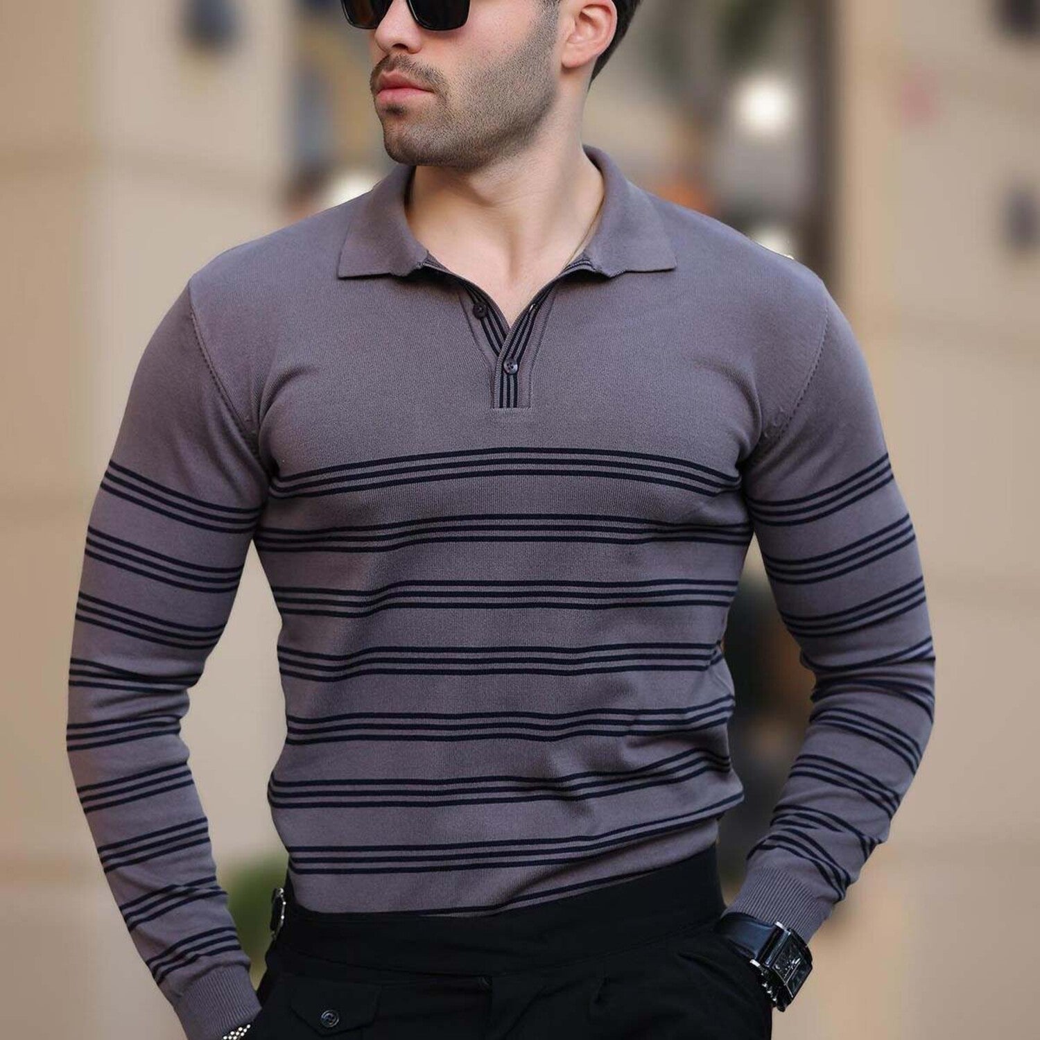Striped Polo Sweater // Gray