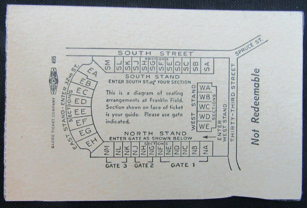 1951 Cornell vs. Penn  Football Game Ticket Stub 11/24/51 Franklin Field 153648
