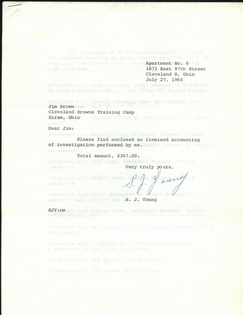 July 27,1965 Letter to Jim Brown for itemized legal Investigation  144995