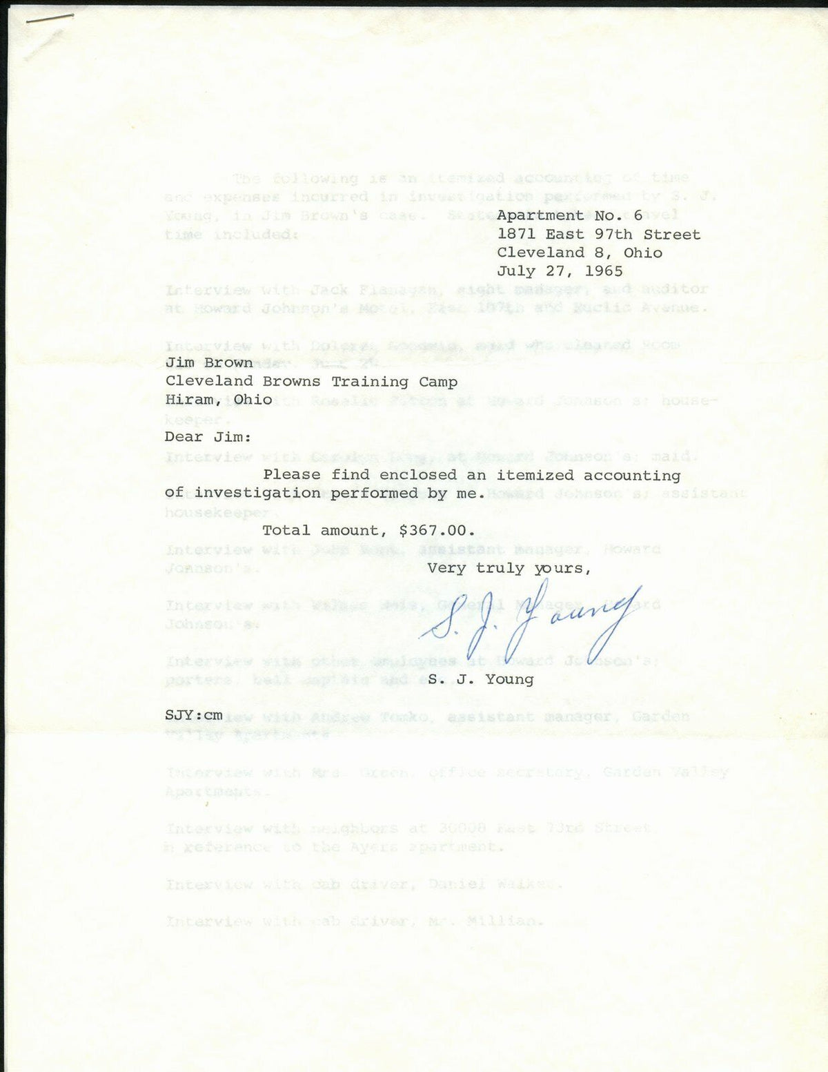 July 27,1965 Letter to Jim Brown for itemized legal Investigation  144995