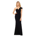 Betsy & Adam Long Slim One Shoulder Dress - Cold Shoulder Evening Gown - Form Fitting Formal Dress with Asymmetrical V Neck (8) Black