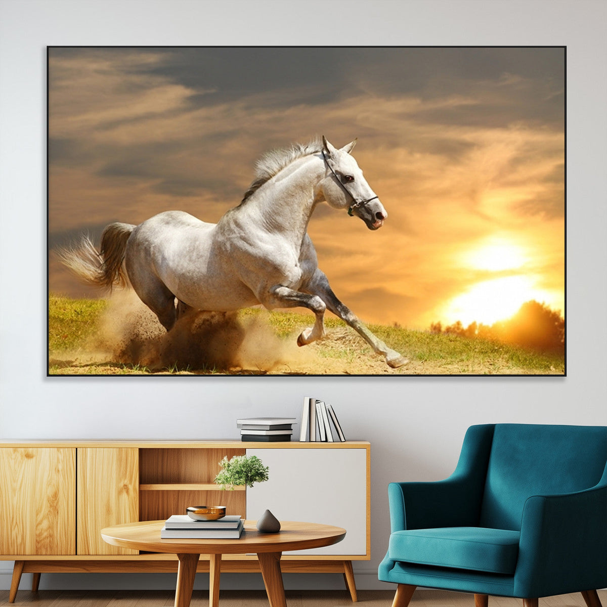 Large Wall Art Galloping White Horse at Sunset Canvas Print