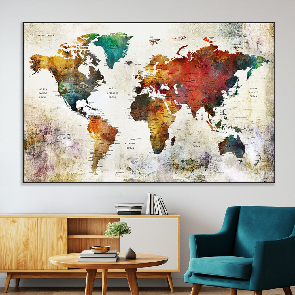 Watercolor World Map Canvas Print | Framed Travel Map Wall Art for Couples