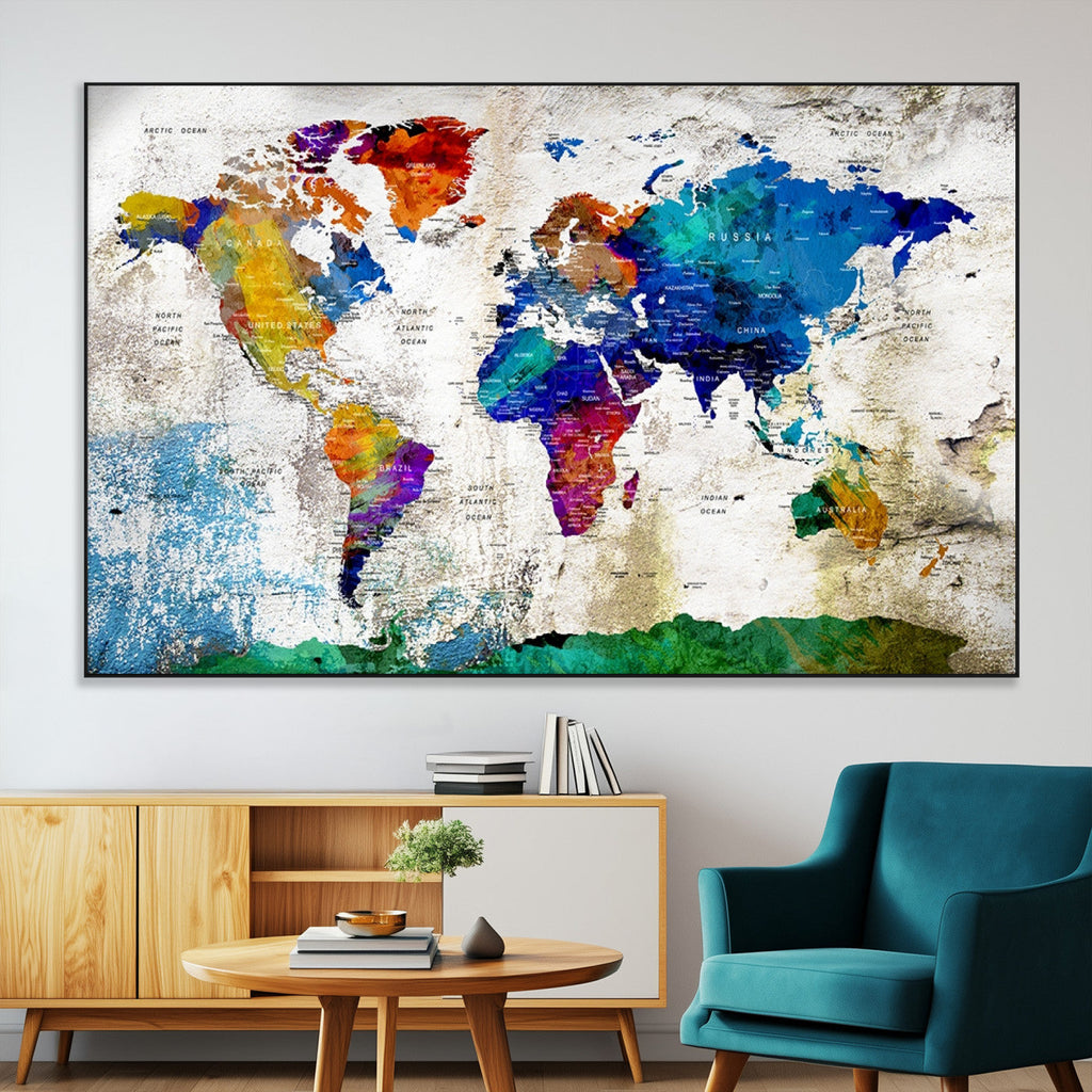 Navy Blue and Orange Watercolor World Map Canvas Print | Framed Travel Map