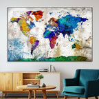 Navy Blue and Orange Watercolor World Map Canvas Print | Framed Travel Map
