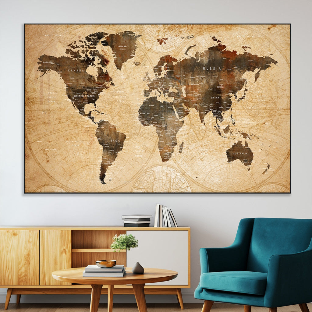 Push Pin World Map Canvas Print | Framed Travel Tracker Wall Art