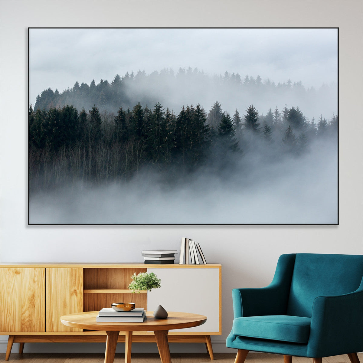 Autumn and Misty Trees in the Forest Wall Art Canvas Print, Foggy Forest Mountain Wall Art