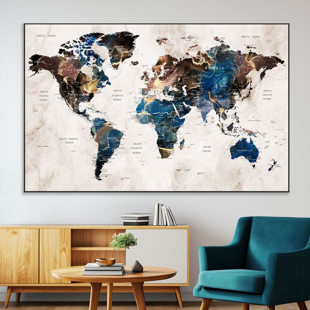 Abstract Earth Tone Blue World Map Canvas Print | Framed Travel Map Wall Art