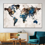 Abstract Earth Tone Blue World Map Canvas Print | Framed Travel Map Wall Art