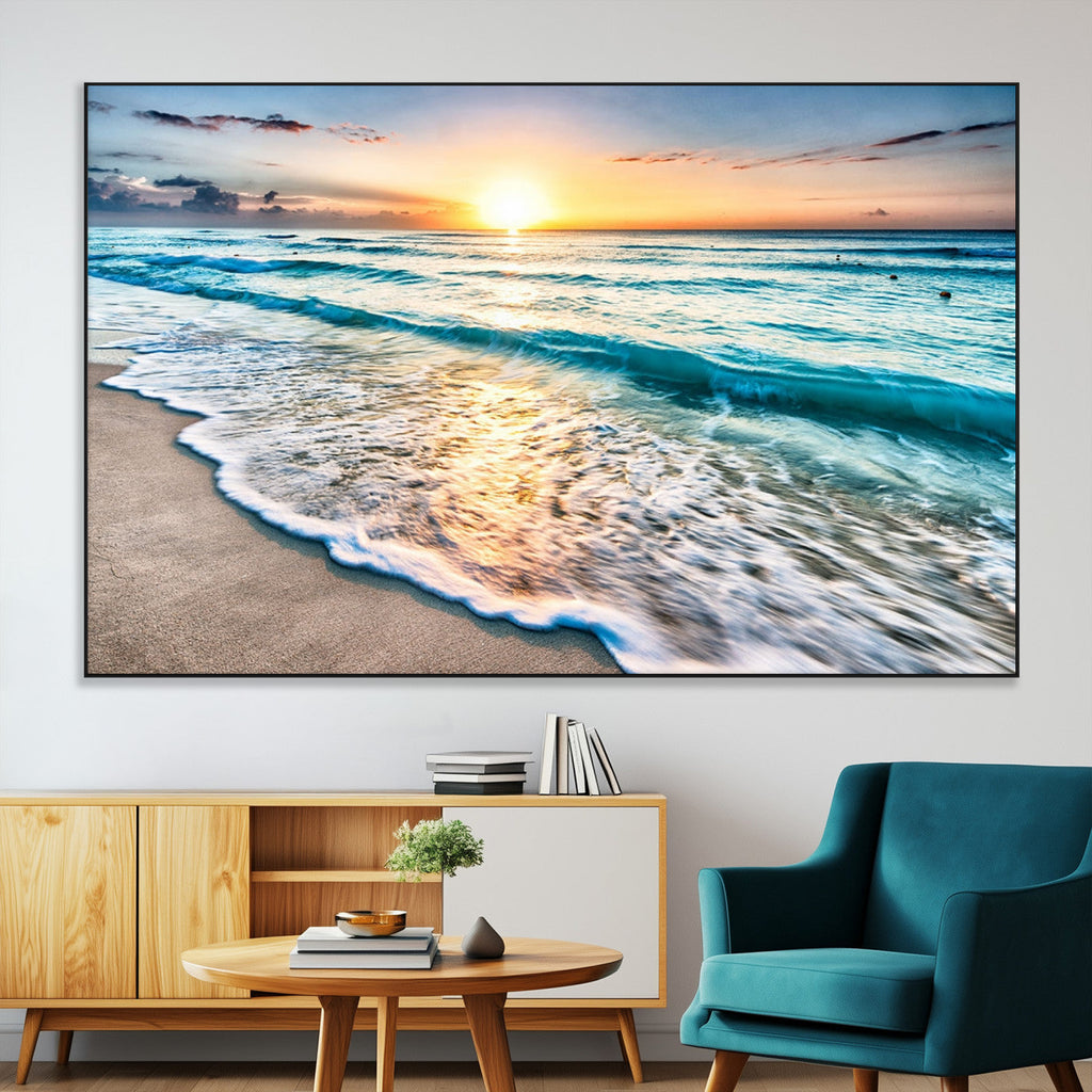 Sunset Beach Waves Canvas Wall Art | Ocean Sunset Coastal Print
