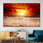 Red Sunset Ocean Beach Canvas Wall Art, Coastal Sunset Print
