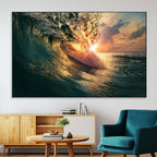 Ocean Wave Sunset Canvas Wall Art | Triptych Seascape Print