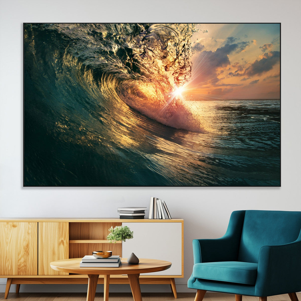 Ocean Wave Sunset Canvas Wall Art | Triptych Seascape Print