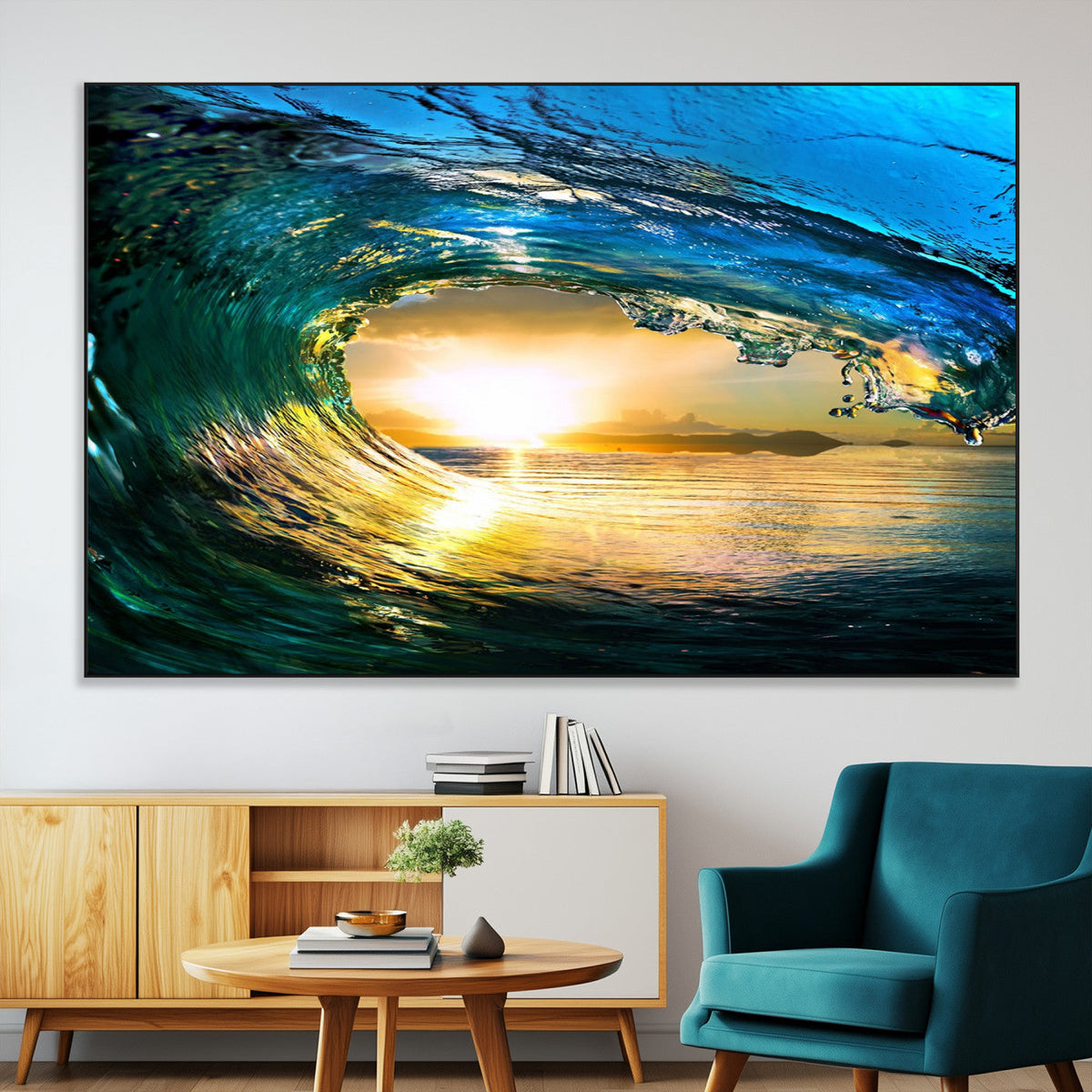 Ocean Wave at Sunset Canvas Art, Large Wall Print of Vibrant Surfing Wave