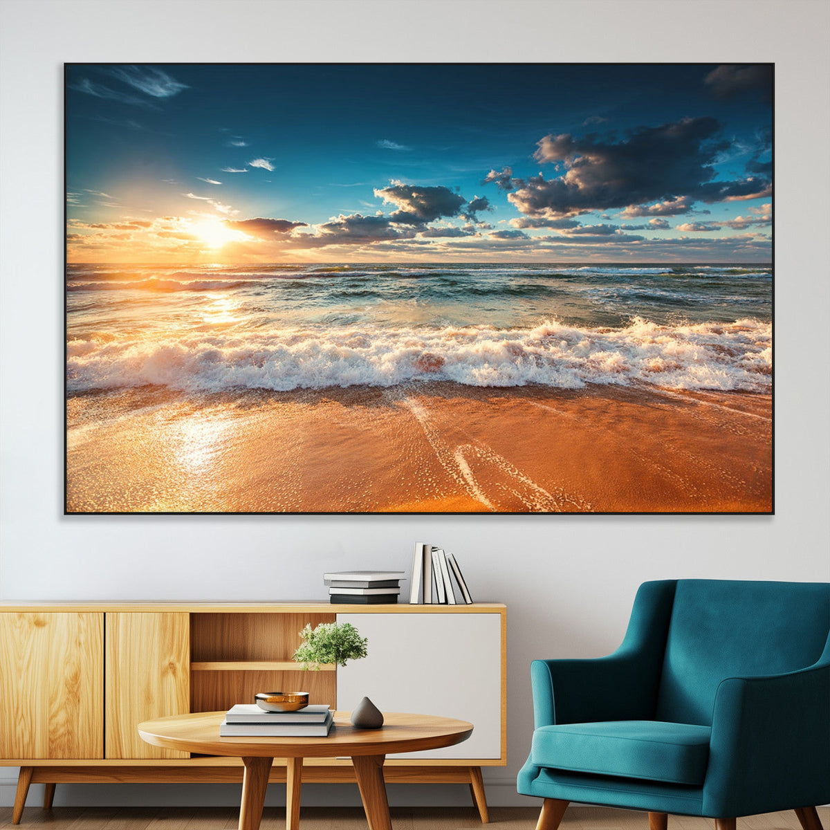 Golden Sunset Beach Triptych Canvas Art, Giclee Coastal Wall Decor, Ocean Waves Print
