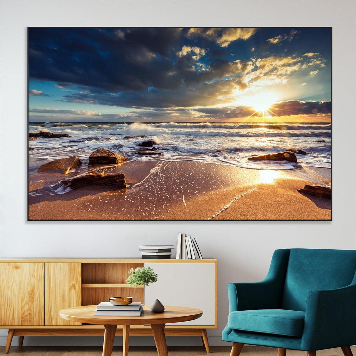 Golden Hour Beach Sunset Canvas Triptych, Ocean Waves and Rocks Wall Art