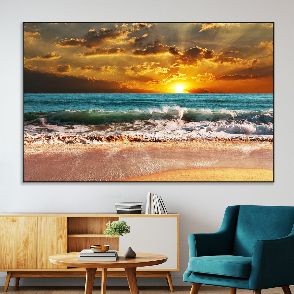 Golden Sunset Beach Canvas Wall Art | Triptych Seascape Print, Framed and Ready to Hang
