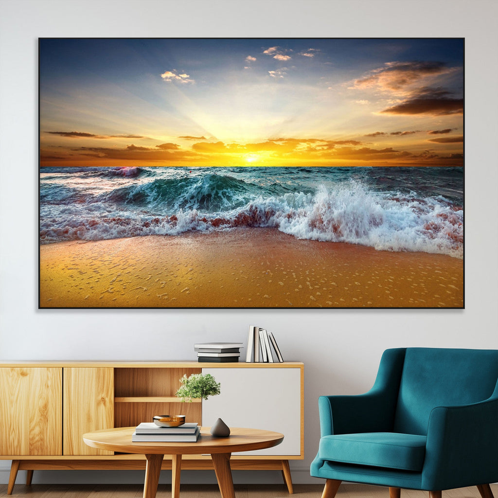 Golden Sunset Ocean Waves Wall Art Canvas Print | Multi Panel Beach Canvas Set, Coastal Triptych