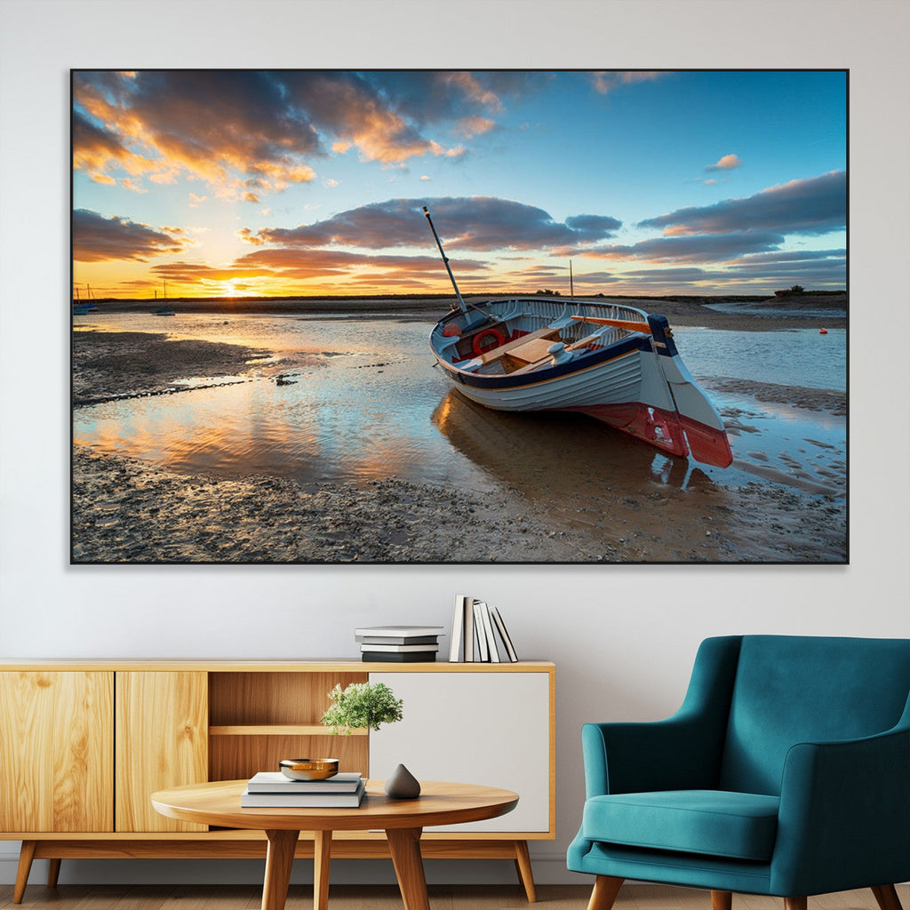 Small Boat At The Beach Sunset Wall Art, Boat Sunset Wall Art Canvas Print