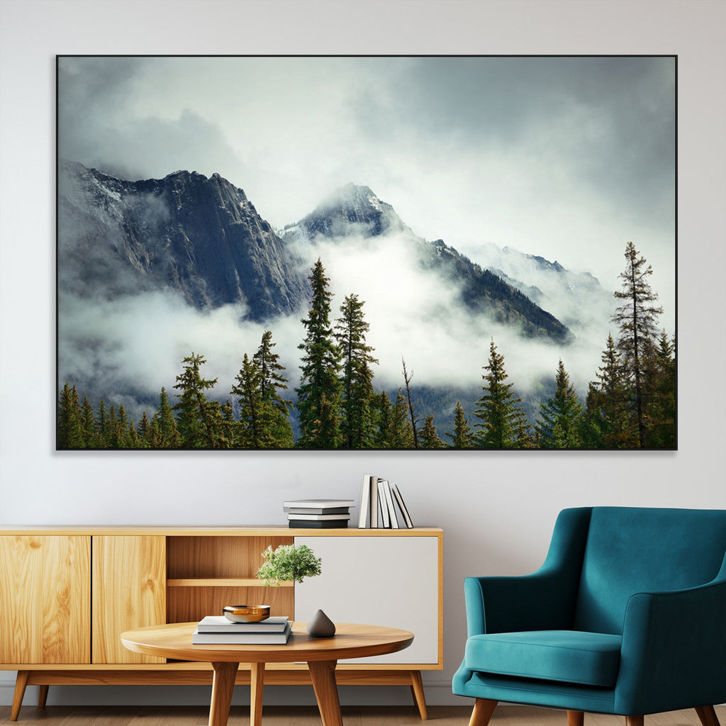Mountain Mist Canvas Wall Art Print | 3-Panel Foggy Forest and Mountain Landscape