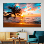 Palm Tree Sunset On The Beach Wall Art Canvas, Framed Palm Tree Sunset Canvas Print