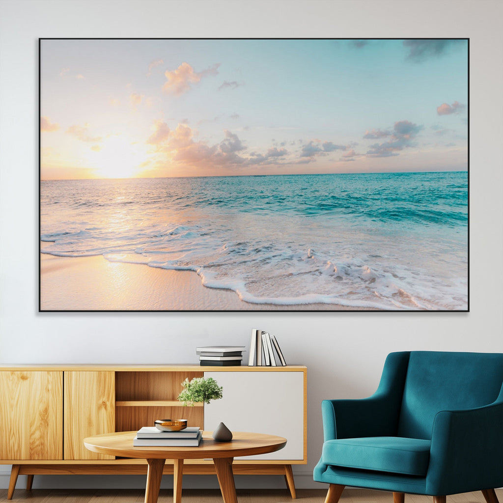 Tranquil Ocean Beach Sunset Canvas Wall Art | 3-Panel Coastal Decor