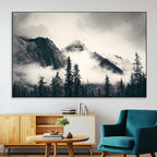 Forest Mountain Print | Black and White Canvas Wall Art with Misty Forest Design
