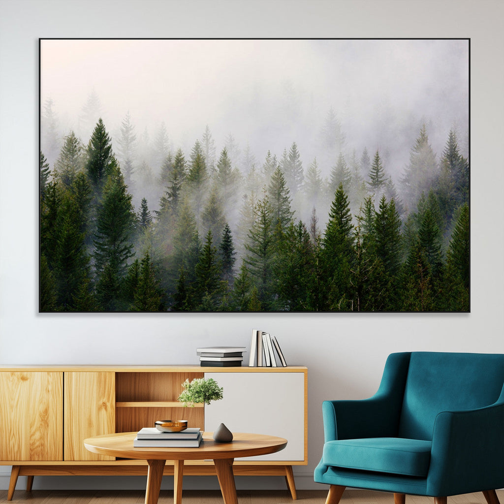 Forest Wall Art Canvas Print | Foggy Forest Wall Art | Pine Wood Forest Print