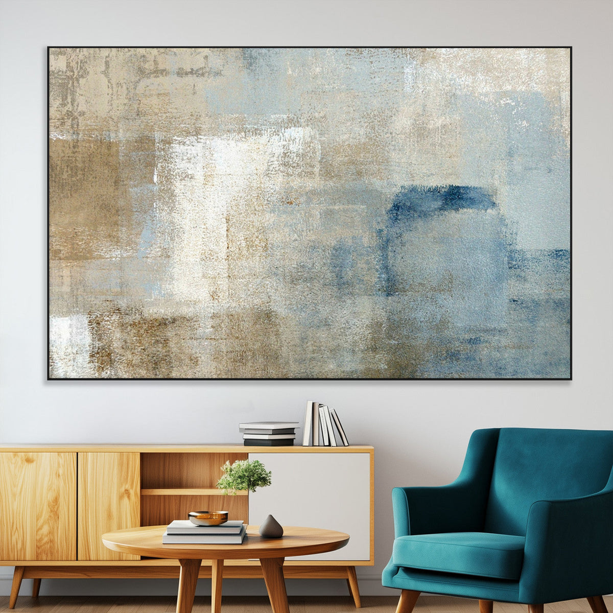 Abstract Blue and Beige Wall Art, Modern Minimalist Canvas Print Set