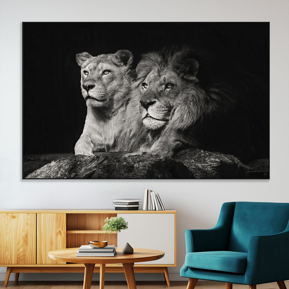 Lion Couple Wall Art Canvas Print, Elegant Black and White Wildlife Portrait