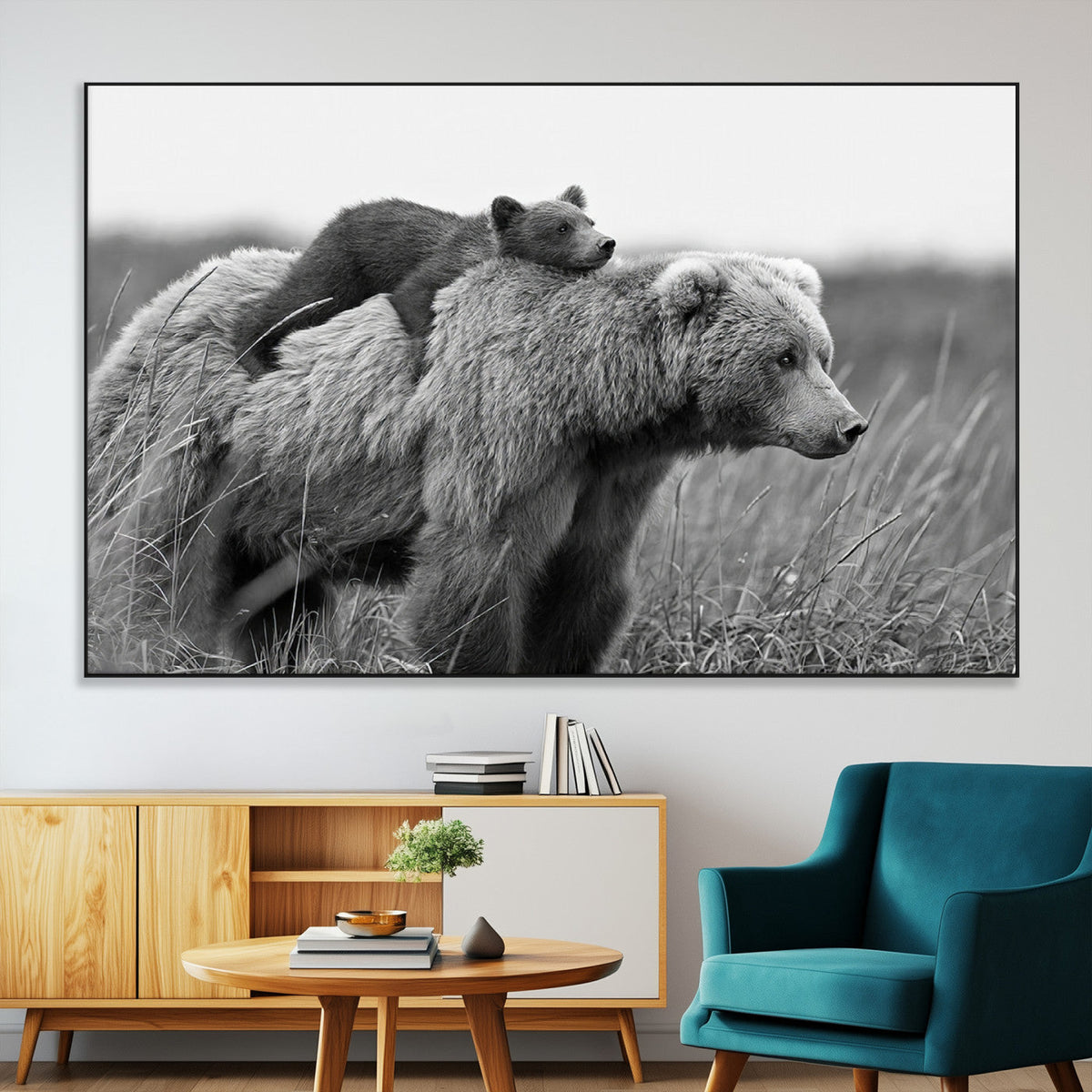 Bear and Cub Wall Art Canvas | Grizzly 399 Bear and Cub Black and White Wildlife Print