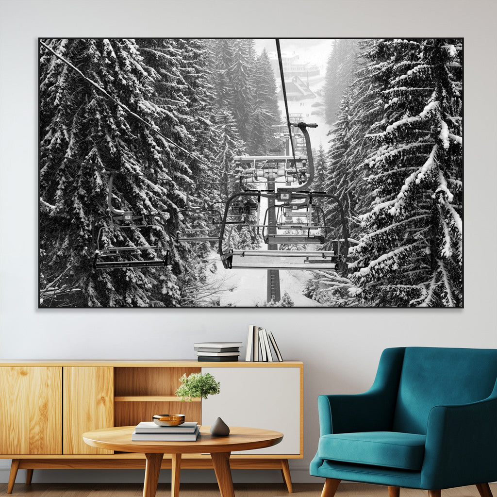 Winter Ski Lift Black and White Canvas Wall Art | Alpine Escape in Minimalist Style