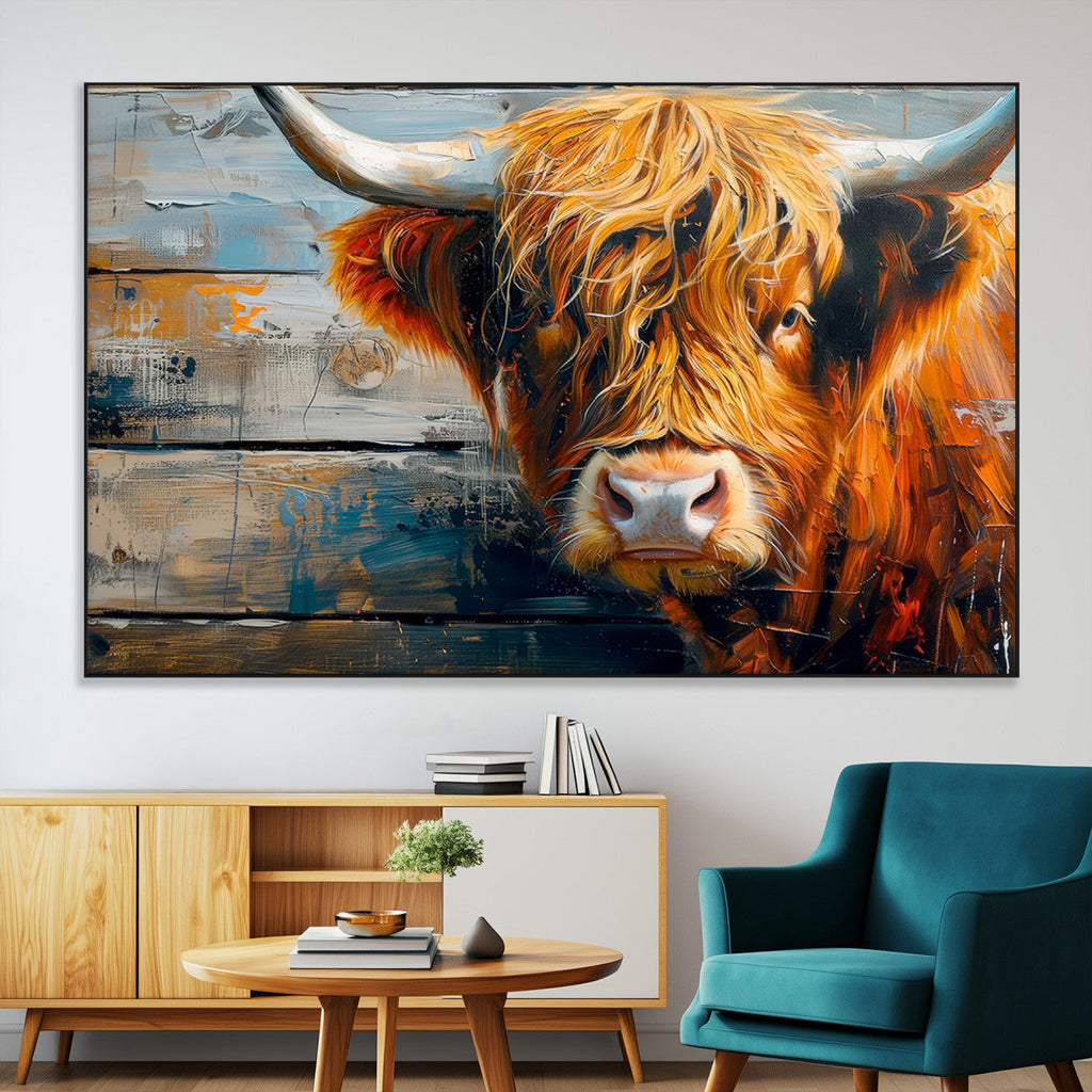 Highland Cow Abstract Canvas Wall Art, Bold Farmhouse Decor