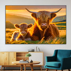 Scottish Cow and Baby Cow Canvas Wall Art Animal Print