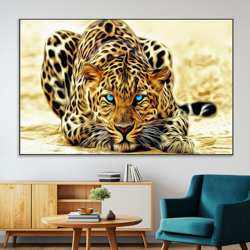 Blue-Eyed Leopard Canvas Wall Art, Framed Animal Print, Fierce and Bold Decor for Living Rooms