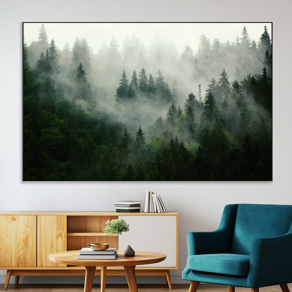 Misty Forest Wall Art | Tranquil Green Woodland Canvas Print