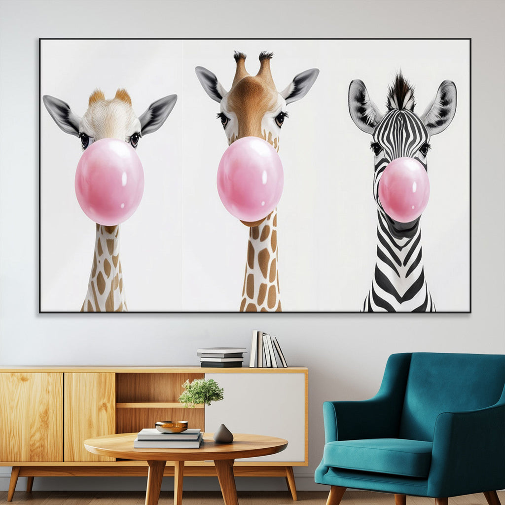 Bubblegum Animals Canvas Wall Art, Playful Giraffe and Zebra Trio, Whimsical Nursery and Kids Room Decor