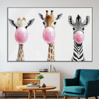 Bubblegum Animals Canvas Wall Art, Playful Giraffe and Zebra Trio, Whimsical Nursery and Kids Room Decor