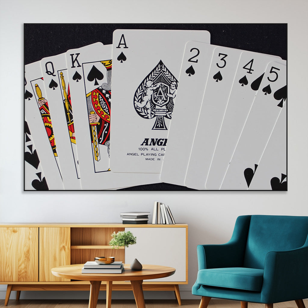 Poker Wall Art - Playing Cards Canvas Wall Art Print - Ace of Spades and Royal Flush Design