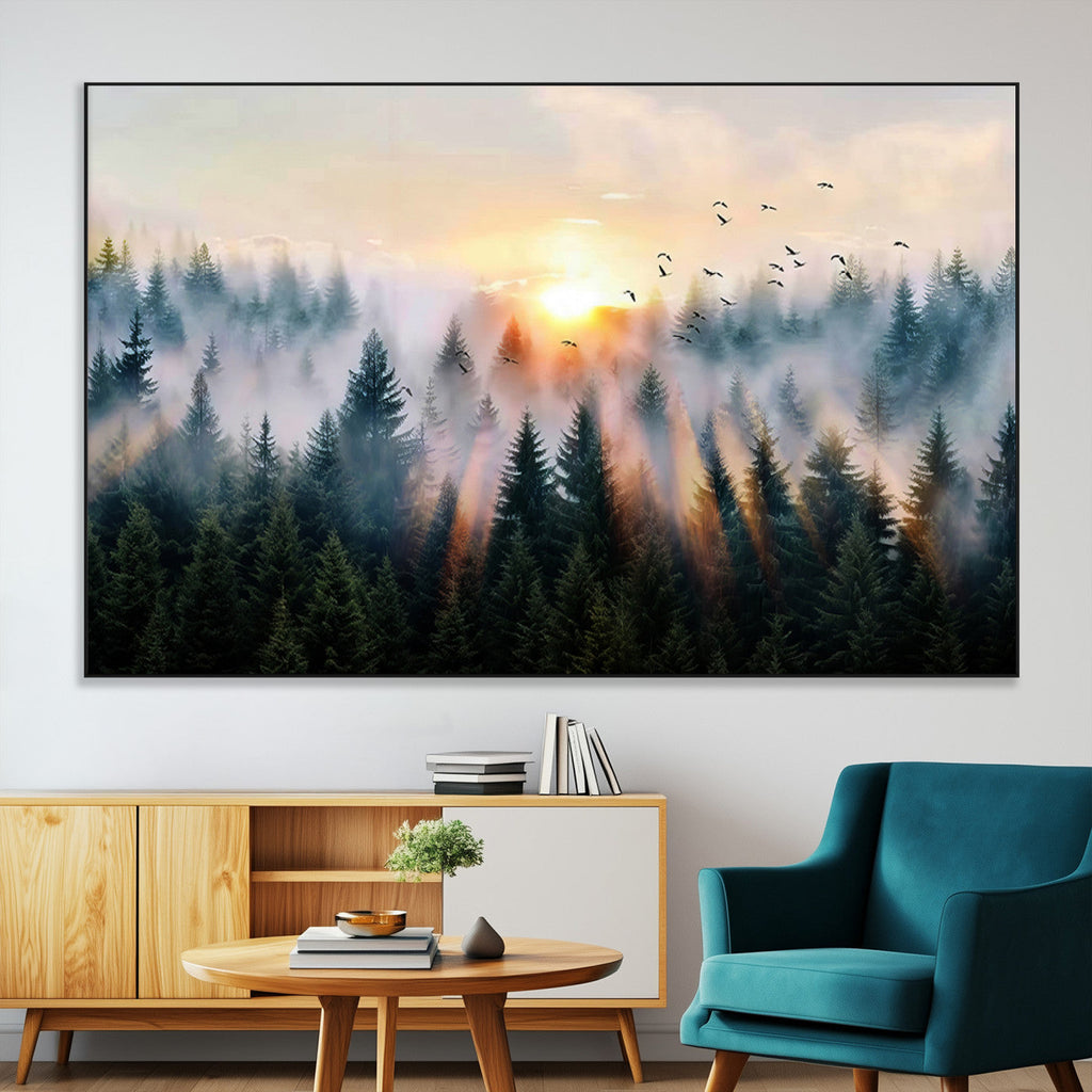 Abstract Forest Wall Art, Serene Nature Canvas Print with Misty Forest Design for Modern Home Decor