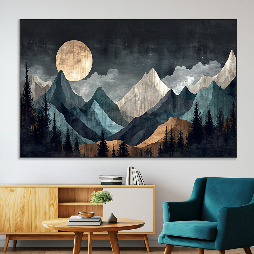 Moonlit Mountain Wall Art Canvas Print, Framed Silhouetted Pines Art, Layered Peaks Rustic Decor