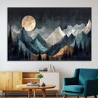Moonlit Mountain Wall Art Canvas Print, Framed Silhouetted Pines Art, Layered Peaks Rustic Decor